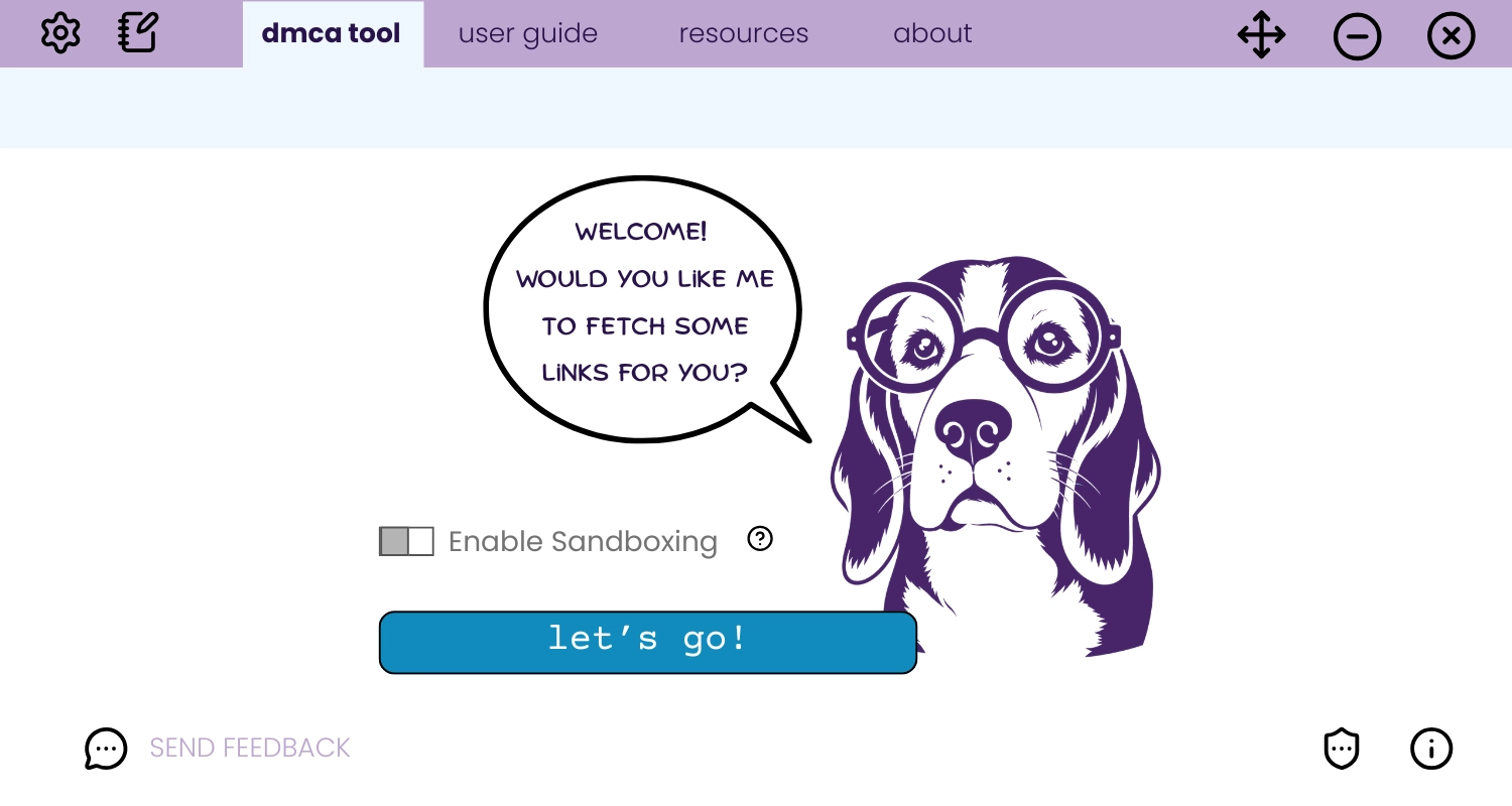 LinkHound UI - Carousel image 1 - Landing tab of LinkHound Free DMCA Takedown Software