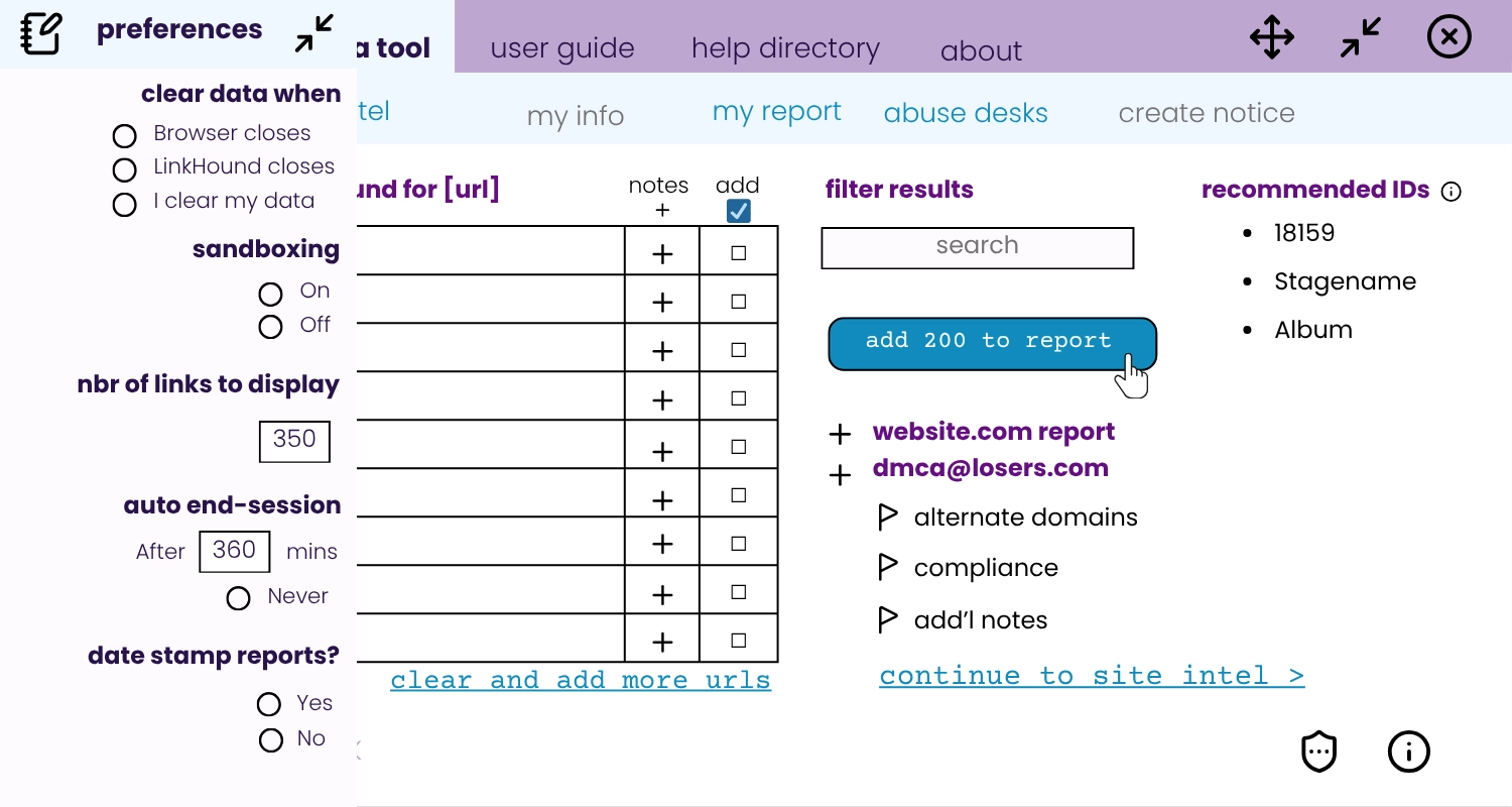 LinkHound UI - Carousel image 4 - User preferences of LinkHound Free DMCA Takedown Software