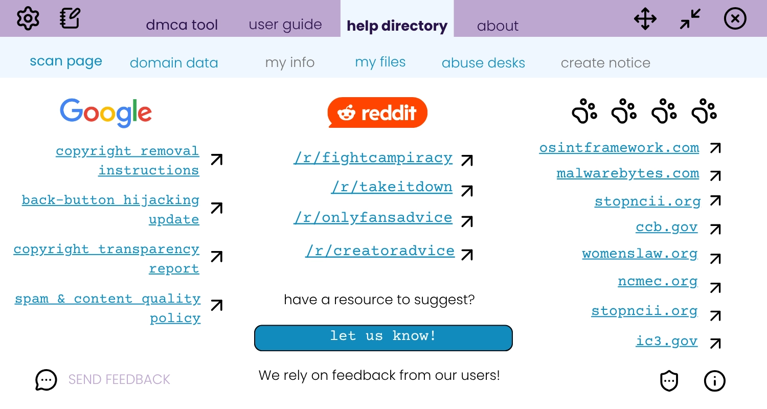 LinkHound UI - Carousel image 6 - Resources tab of LinkHound Free DMCA Takedown Software